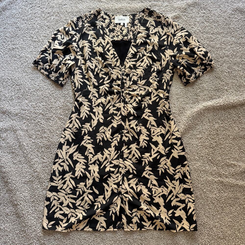 BA&SH “Tais” Short Floral Black Beige Puff Sleeve Dress Size Large / US 8